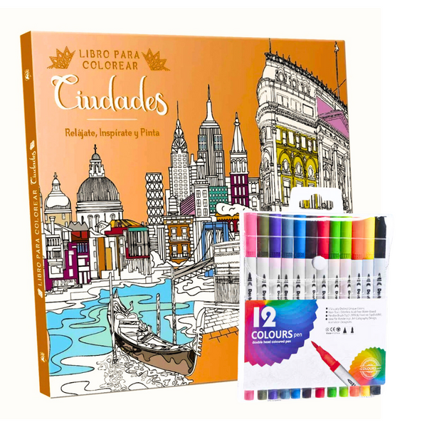 Libro Mandala Ciudades + 12 Plumones Doble Punta Fina/gruesa