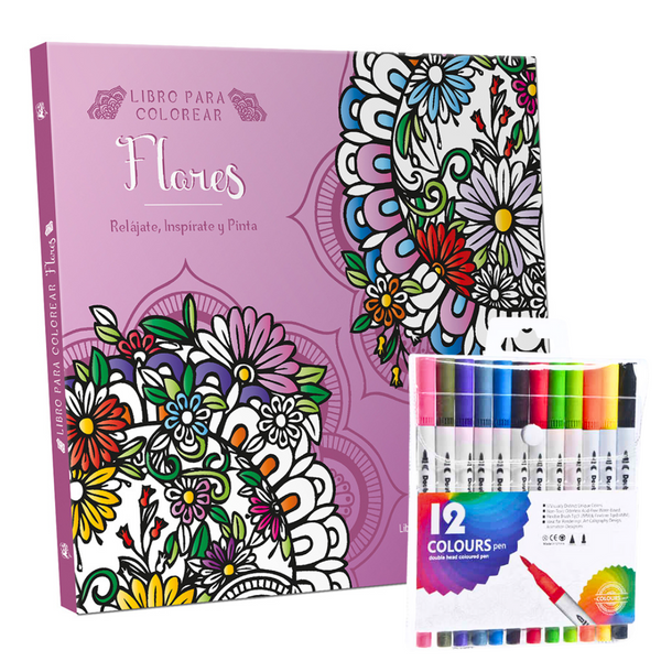 Libro Mandala Flores + 12 Plumones Doble Punta Fina/gruesa