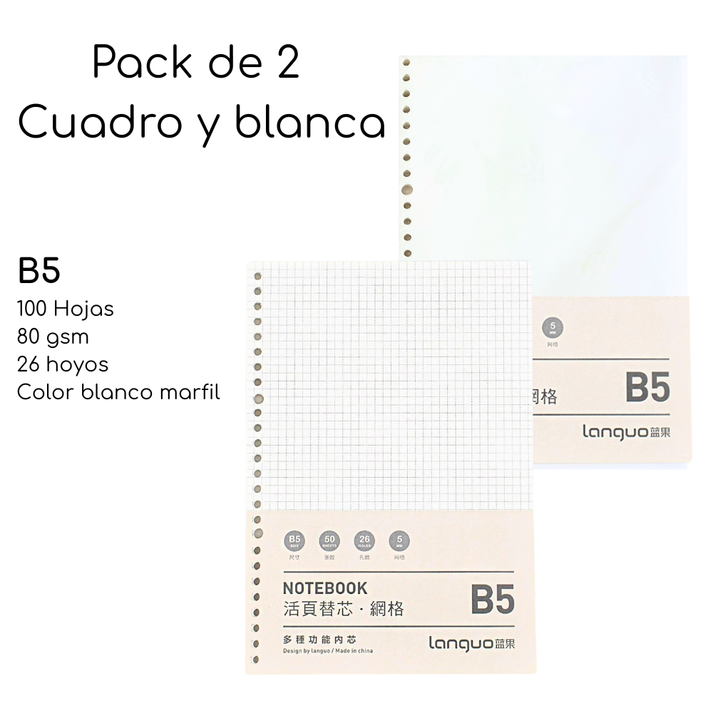 Pack De 2 Repuesto De Hojas Para Libreta Anillada B5 Mixto