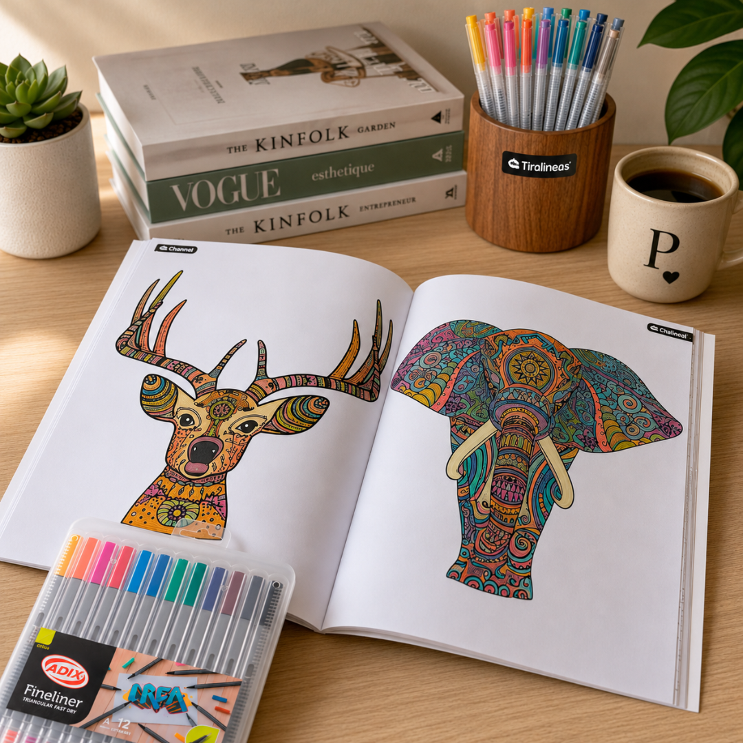 Libro Mándala Animales + 12 Lápices Fineliner Adix 0.4 Mm