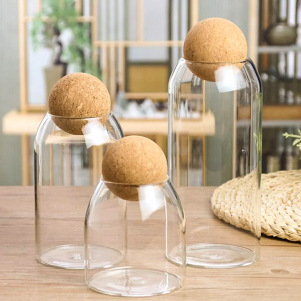 Contenedor De Vidrio Tapa De Corcho Esférica Set 3 Frascos