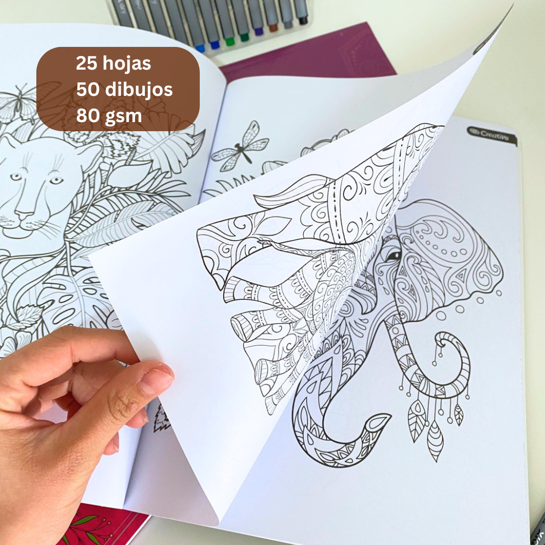 Libro Mándala Animales + 12 Lápices Fineliner Adix 0.4 Mm