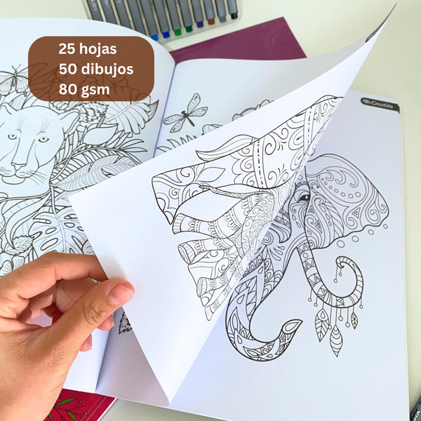 Libro Mándala Animales + 12 Lápices Fineliner Adix 0.4 Mm
