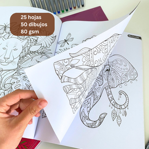 Libro Mándala Animales + 12 Lápices Fineliner Adix 0.4 Mm