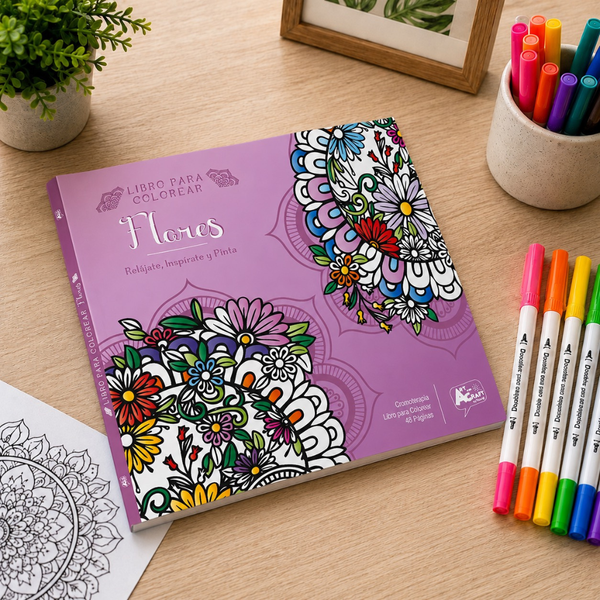 Libro Mandala Flores  + 12 Plumones Doble Punta Fina/gruesa