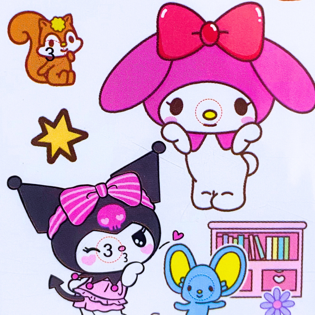 Set de Stickers y Accesorios De Kuromi, My Melody y Cinnamoroll