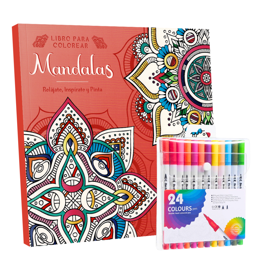 Set Libro Mandala + 24 Plumones Doble Punta Fina/gruesa