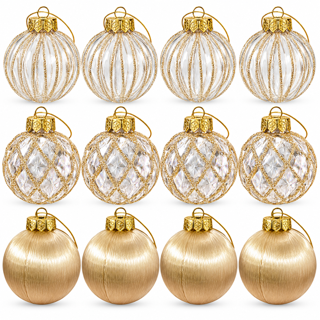 Bambalinas Navideñas Doradas Set 12 Esferas 8cm 3 Diseños