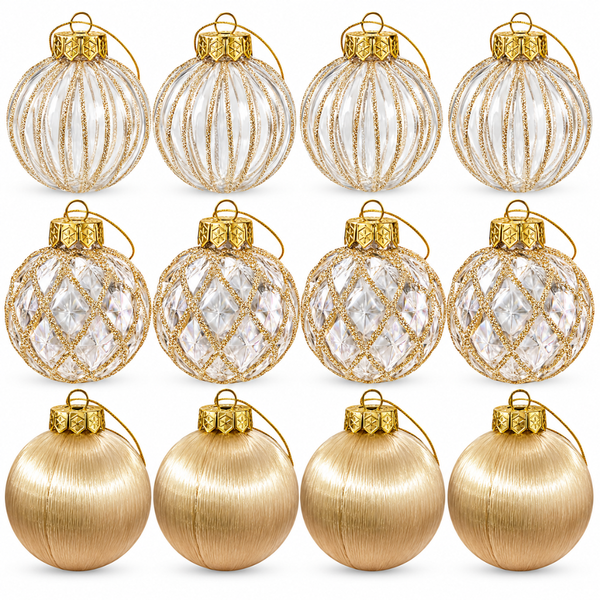Bambalinas Navideñas Doradas Set 12 Esferas 8cm 3 Diseños