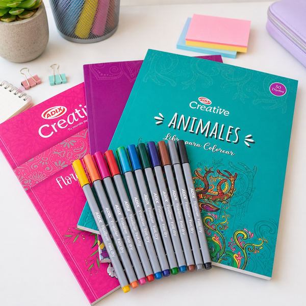 Libro Mándala Animales + 12 Lápices Fineliner Adix 0.4 Mm