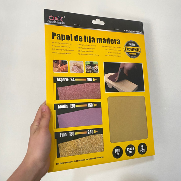 Papel De Lija Para Madera Grano Fino 23x28 Cm Pack De 5