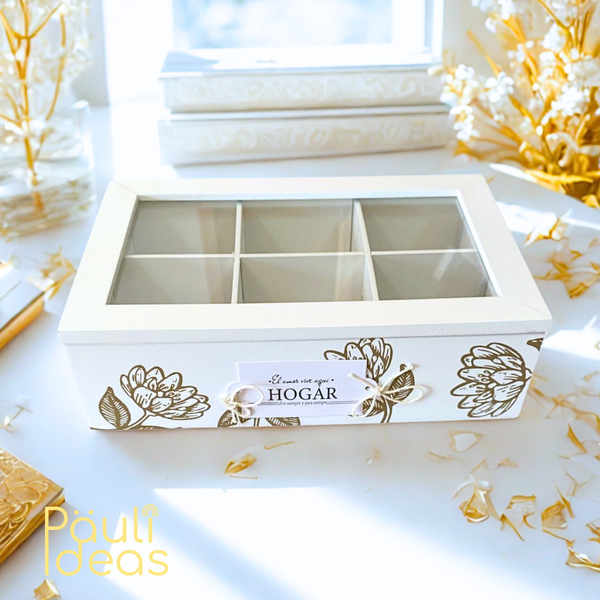 Caja Organizadora De Madera Para Té Con 6 Compartimientos