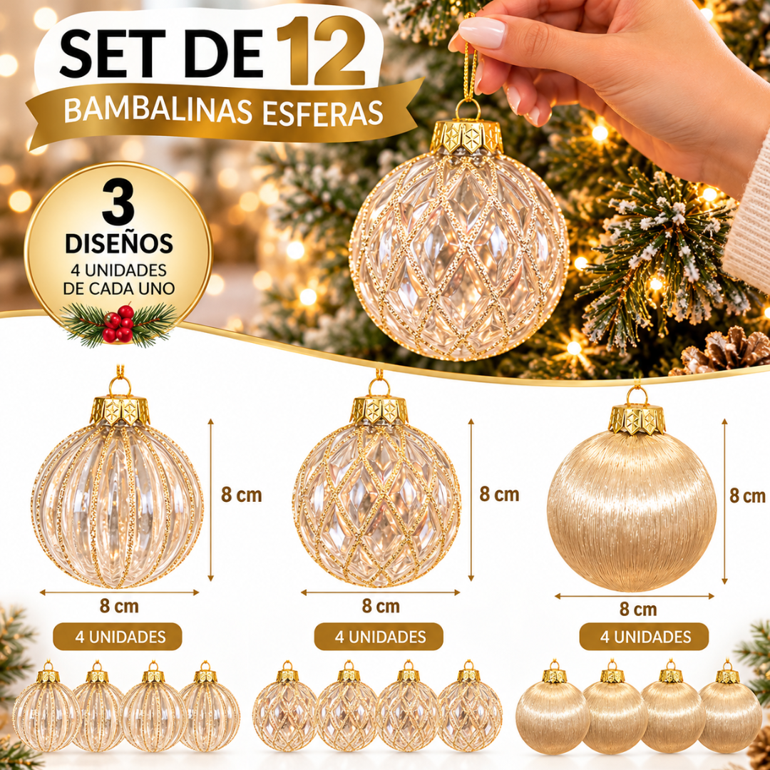 Bambalinas Navideñas Doradas Set 12 Esferas 8cm 3 Diseños