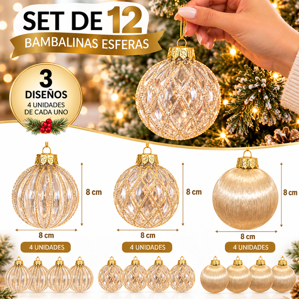 Bambalinas Navideñas Doradas Set 12 Esferas 8cm 3 Diseños