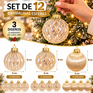 Bambalinas Navideñas Doradas Set 12 Esferas 8cm 3 Diseños