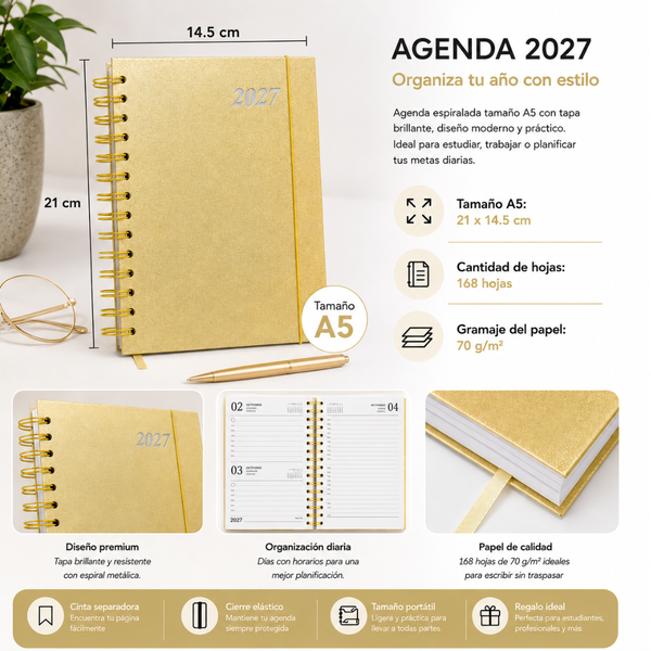 Agenda 2027 A5 Anillada Tapa Dura Planner Con Elástico