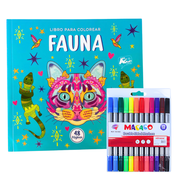 Libro Mándala Fauna + 12 Plumones Doble Punta Fina/gruesa