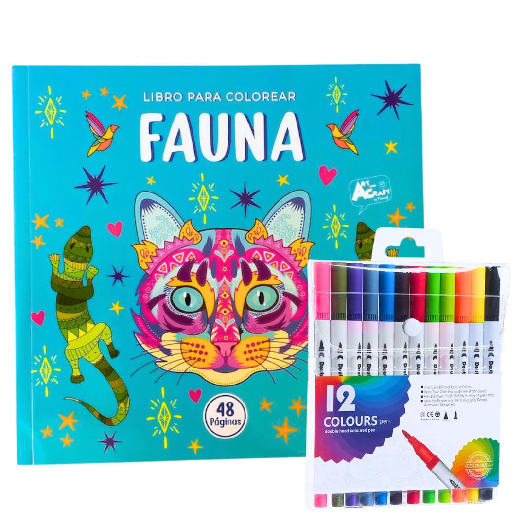 Libro Mándala Fauna + 12 Plumones Doble Punta Fina/gruesa