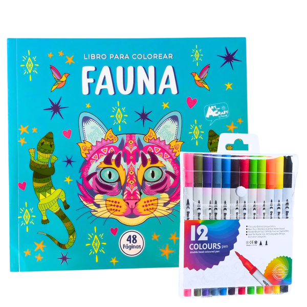 Libro Mándala Fauna + 12 Plumones Doble Punta Fina/gruesa