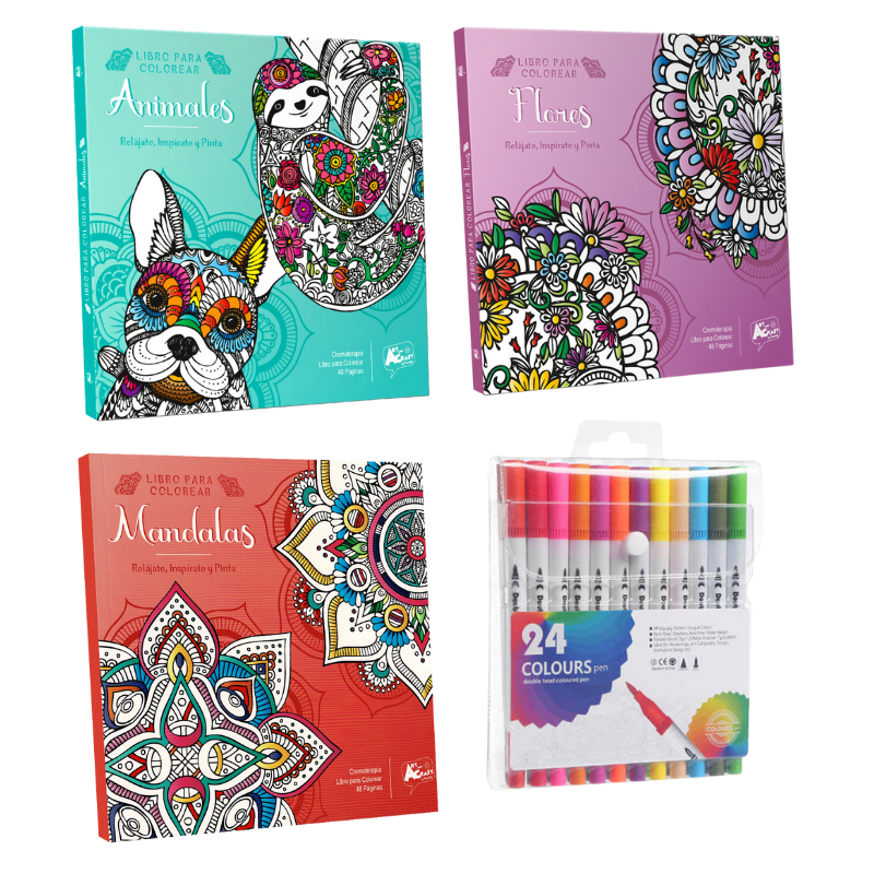 Box Regalo Set 3 Libros Mandalas + 24 Lápices Doble Punta