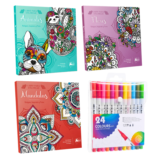 Box Regalo Set 3 Libros Mandalas + 24 Lápices Doble Punta
