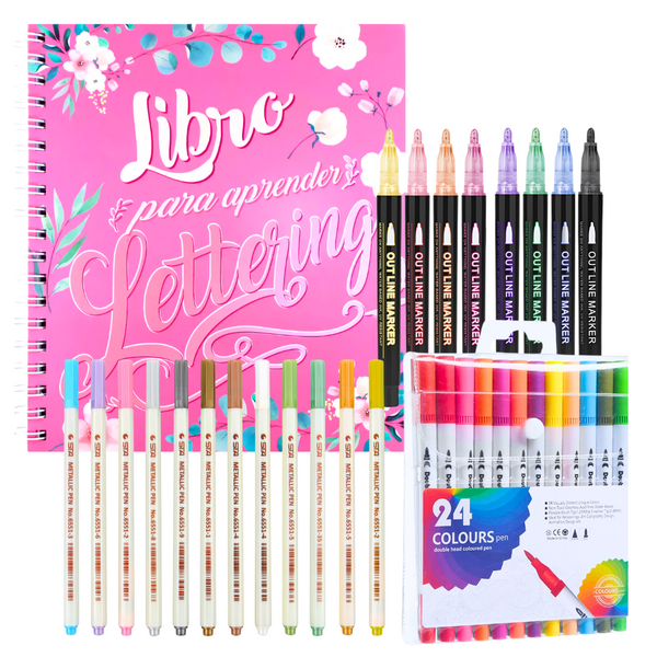 Kit Libro Lettering De 158 Páginas + 3 Set De Plumones