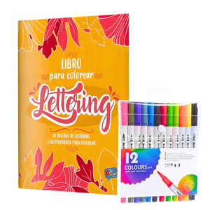 Set Libro Lettering 64 Páginas + 12 Plumones Doble Punta