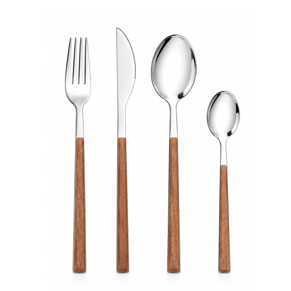 Set Cubiertos 24 Piezas Acero Inoxidable Mango Madera Servicio Para 6 Personas
