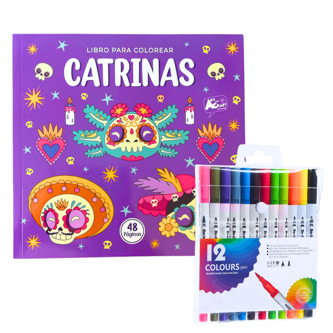 Libro Mándala Catrinas + 12 Plumones Doble Punta Fina/gruesa