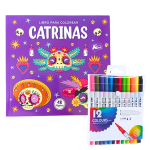 Libro Mándala Catrinas + 12 Plumones Doble Punta Fina/gruesa