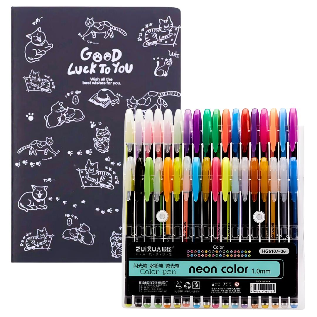 Croquera Hojas Negras + 12 Lápices Metalizados Kawaii