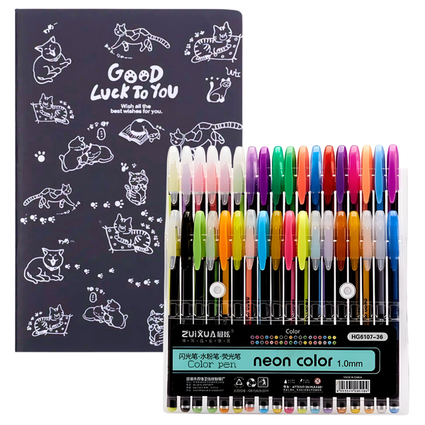 Croquera Hojas Negras + 12 Lápices Metalizados Kawaii