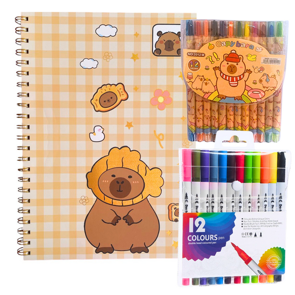 Croquera A4 Diseño Capybara + Set De Plumones Y Lápices Gel