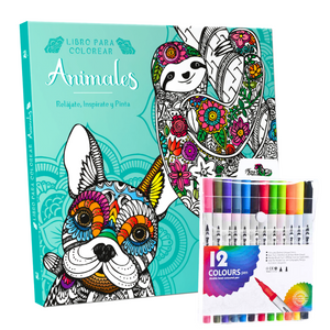 Libro Mandala Animales + 12 Plumones Doble Punta Fina/gruesa