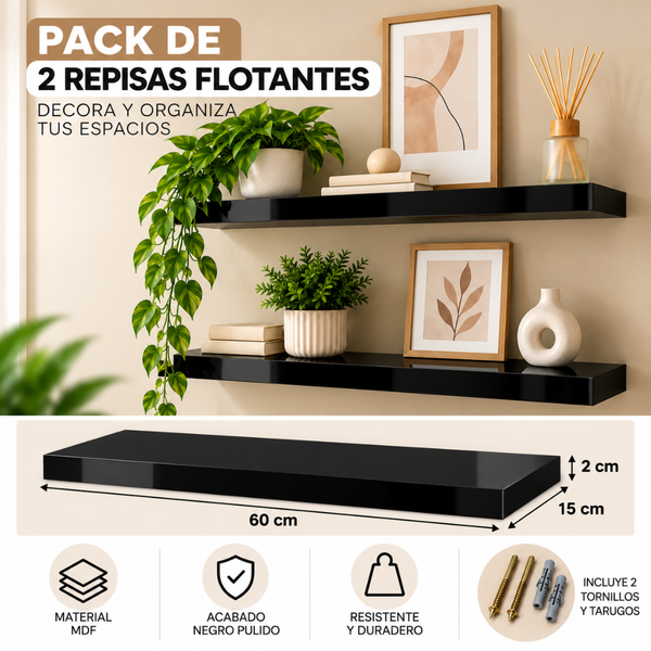 Repisas Flotantes De Pared MDF 60 Cm Negro Set 2 Unidades