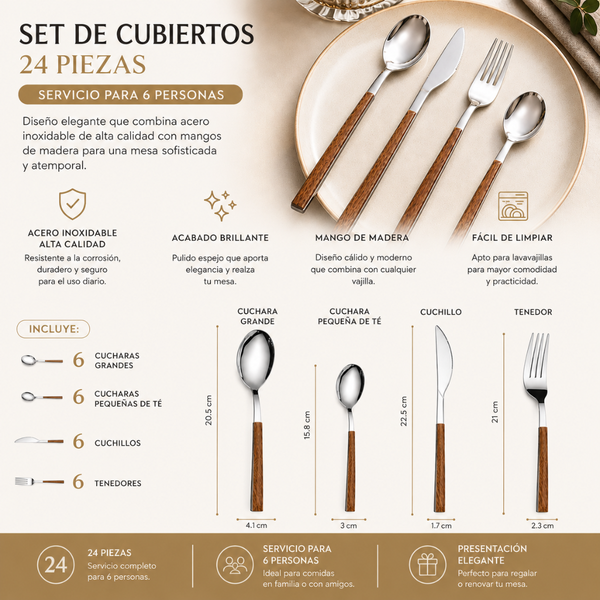 Set Cubiertos 24 Piezas Acero Inoxidable Mango Madera Servicio Para 6 Personas