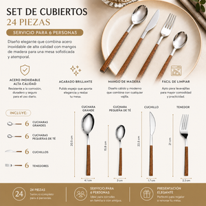 Set Cubiertos 24 Piezas Acero Inoxidable Mango Madera Servicio Para 6 Personas