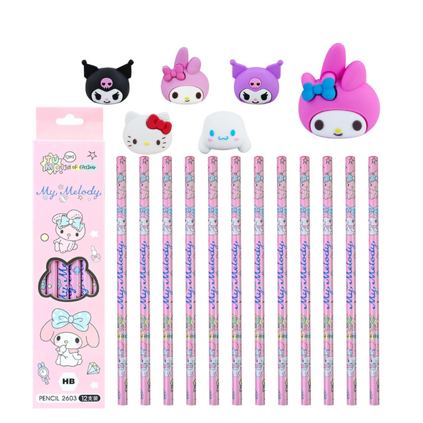 Set De 12 Lápiz Mina Kuromi My Melody Cinnamoroll + 5 Gomas