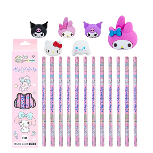 Set De 12 Lápiz Mina Kuromi My Melody Cinnamoroll + 5 Gomas