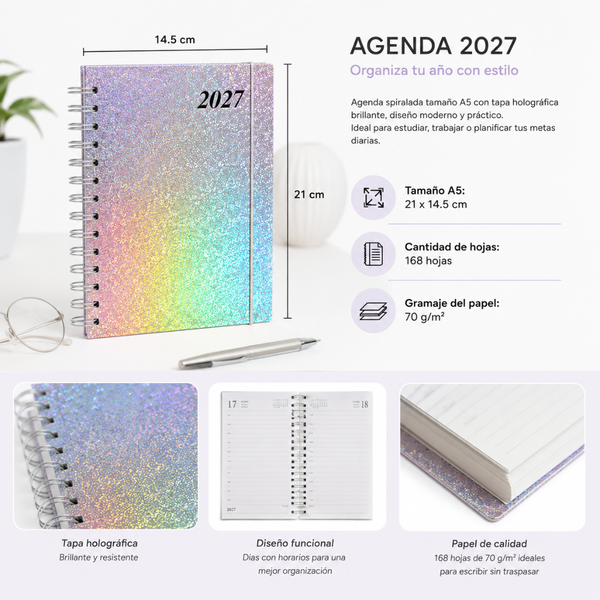 Agenda 2027 A5 Anillada Tapa Dura Planner Con Elástico