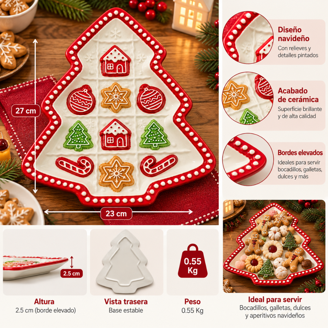 Bandeja Navideña Cerámica Árbol Navidad Galletas 27x23cm