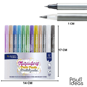 Set 12 Marcadores Metalizados Doble Punta - Fina Y Pincel