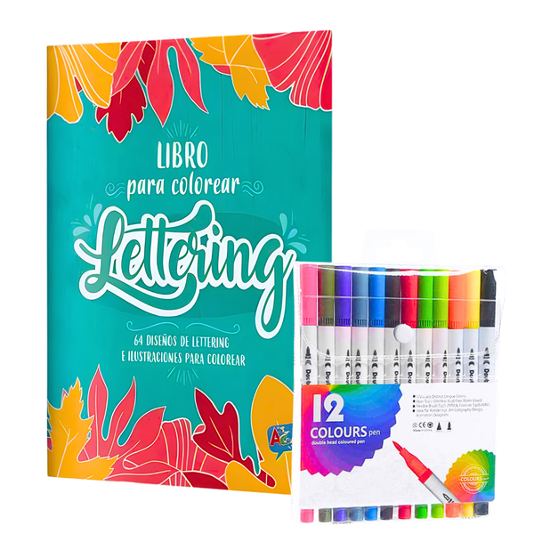 Set Libro Lettering 64 Páginas + 12 Plumones Doble Punta