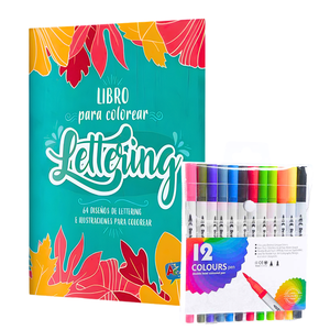 Set Libro Lettering 64 Páginas + 12 Plumones Doble Punta