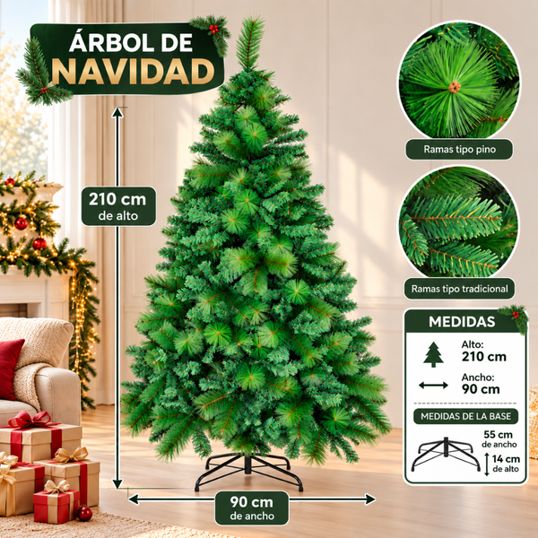Árbol De Navidad Artificial 210Cm Frondoso Verde 2 Ramas