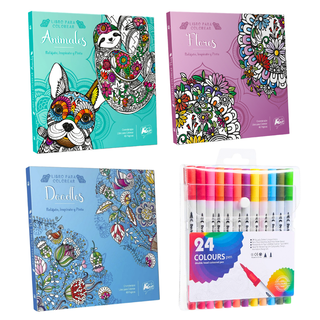 Box Regalo Set 3 Libros Mandalas + 24 Lápices Doble Punta