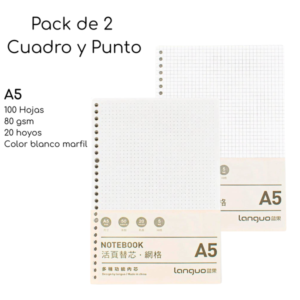 Pack De 2 Repuesto De Hojas Para Libreta Anillada A5 Mixto