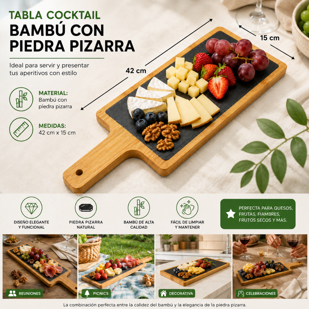 Tabla Cocktail Bambú Con Piedra Pizarra Para Servir Picoteo