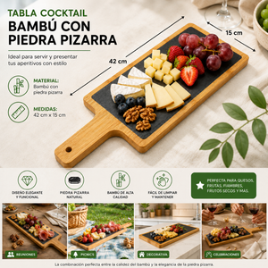Tabla Cocktail Bambú Con Piedra Pizarra Para Servir Picoteo
