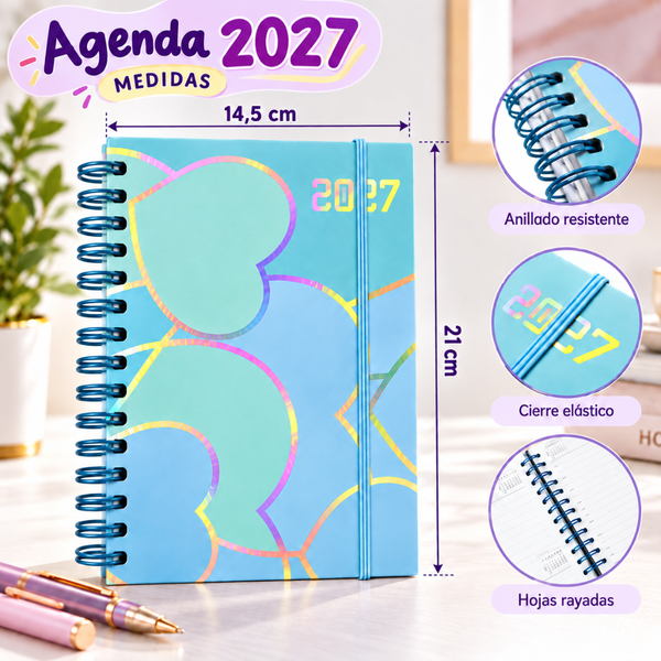 Agenda 2027 A5 Anillada Tapa Dura Planificador Diario Kawaii
